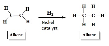 alkenes react with hydrogen to produce alkanes
